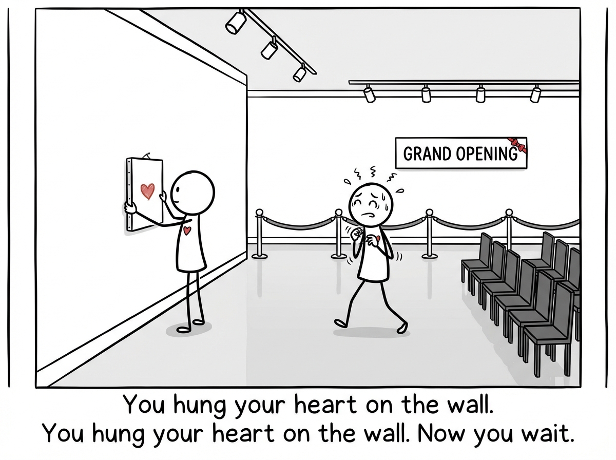 A stick figure carefully hangs a painting on a white gallery wall, stepping back nervously to examine it. The gallery is pristine and completely empty -- velvet ropes, polished floors, track lighting -- but there is no one there. A sign on the wall reads 'Grand Opening' but all the chairs are vacant. The figure looks around hopefully and anxiously at the same time.