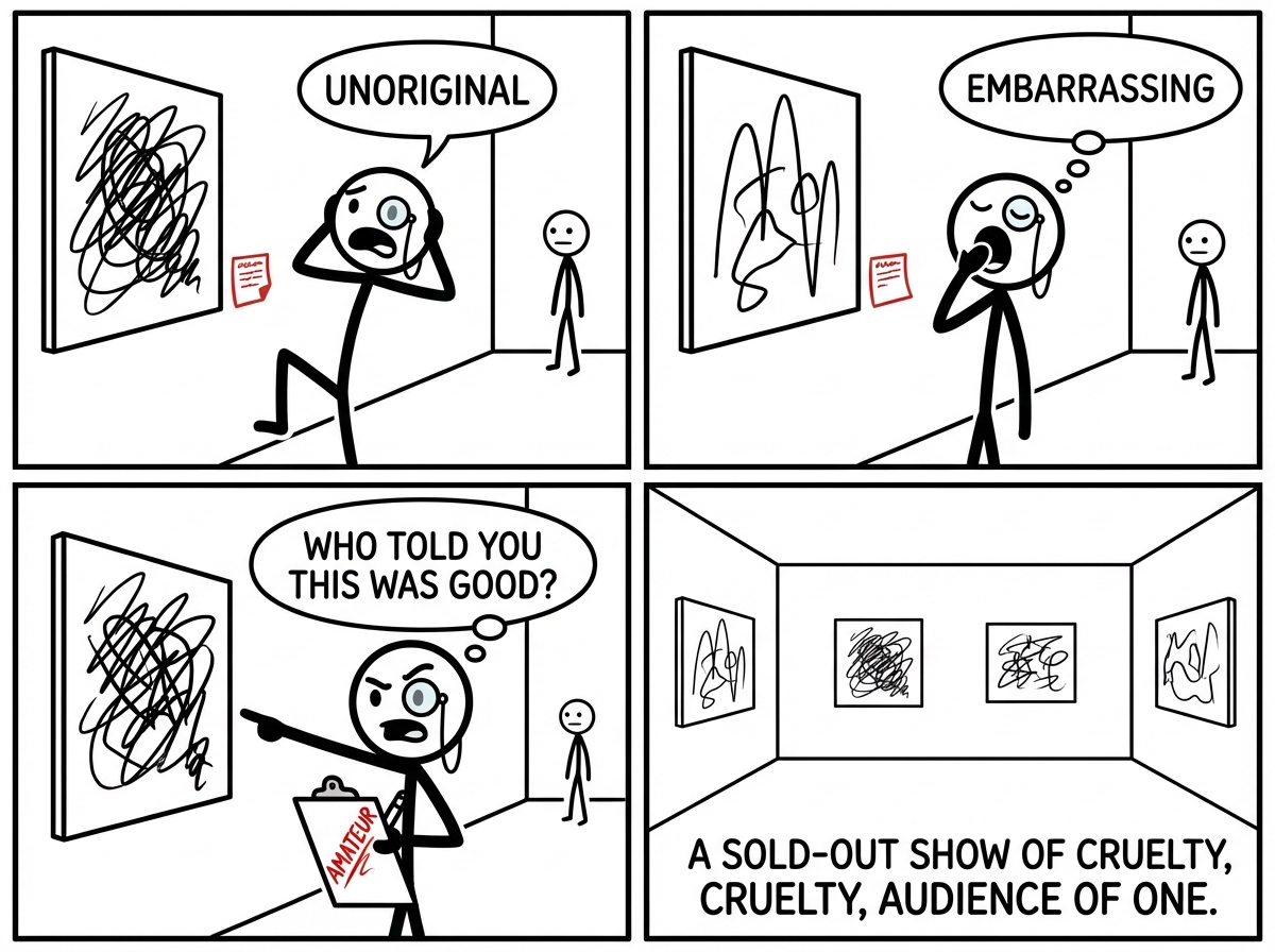 The inner critic stands in front of each painting with progressively more dramatic reactions -- holding their monocle in shock, pretending to yawn, pointing at a painting while writing 'AMATEUR' on the clipboard in large letters. The artist stands in the corner, getting smaller and smaller with each review. Labels on the critique notes read 'Unoriginal,' 'Embarrassing,' and 'Who told you this was good?' The gallery is still completely empty except for these two figures.