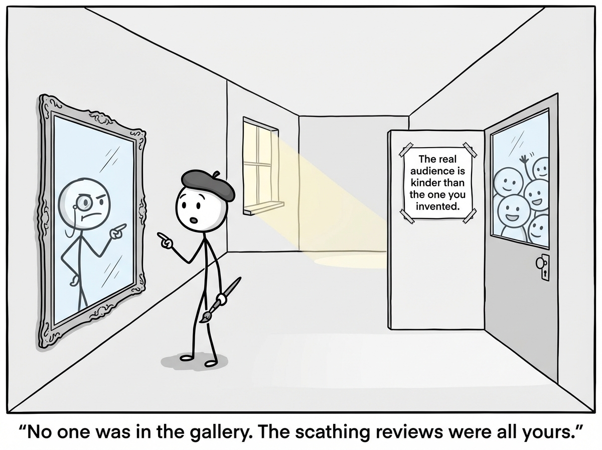The artist suddenly looks around the gallery and realizes it is empty -- completely empty except for them and the critic, who is revealed to be a reflection in a mirror. The real gallery door is still closed. No actual visitor has ever entered. A gentle light comes through the window, and outside the door, several friendly figures are waiting with curious, open expressions. A label reads 'The real audience is kinder than the one you invented.'