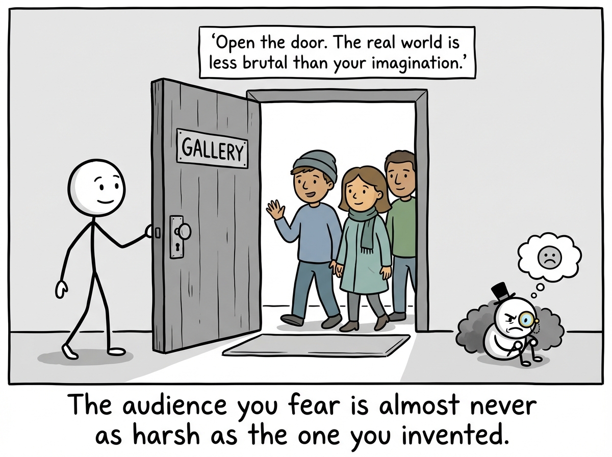 A stick figure opening the gallery door to let real people in, while the monocled inner critic shrinks to a tiny size in the corner. The real visitors look curious and warm, not cruel. A label reads 'Open the door. The real world is less brutal than your imagination.'