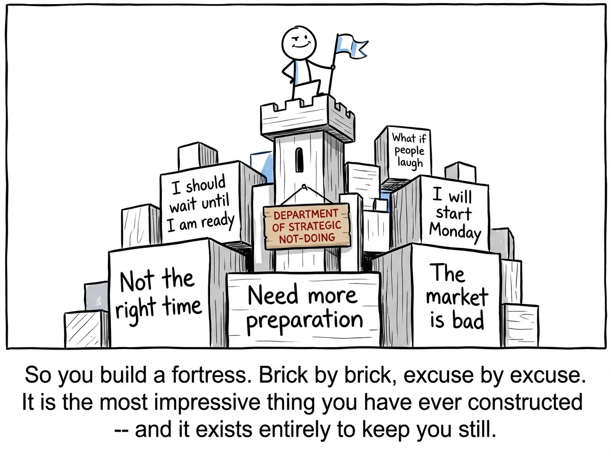 The stick figure has constructed an elaborate fortress around themselves using building blocks labeled with excuses: 'Not the right time,' 'Need more preparation,' 'The market is bad,' 'I should wait until I am ready,' 'What if people laugh,' and 'I will start Monday.' The fortress is impressively tall and architecturally complex. The figure stands inside it looking proud, with a sign reading 'DEPARTMENT OF STRATEGIC NOT-DOING.'