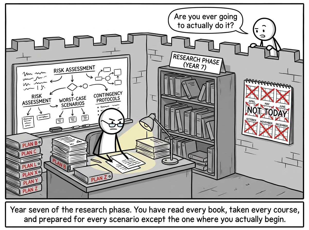 Inside the fortress, the stick figure sits at a desk surrounded by backup plans labeled 'Plan B through Plan Z,' a whiteboard covered in risk assessments, and a bookshelf titled 'Research Phase (Year 7).' A calendar on the wall has every single day crossed out with 'NOT TODAY.' Another stick figure peeks over the fortress wall and asks 'Are you ever going to actually do it?' The figure inside responds confidently, 'I am gathering data.'