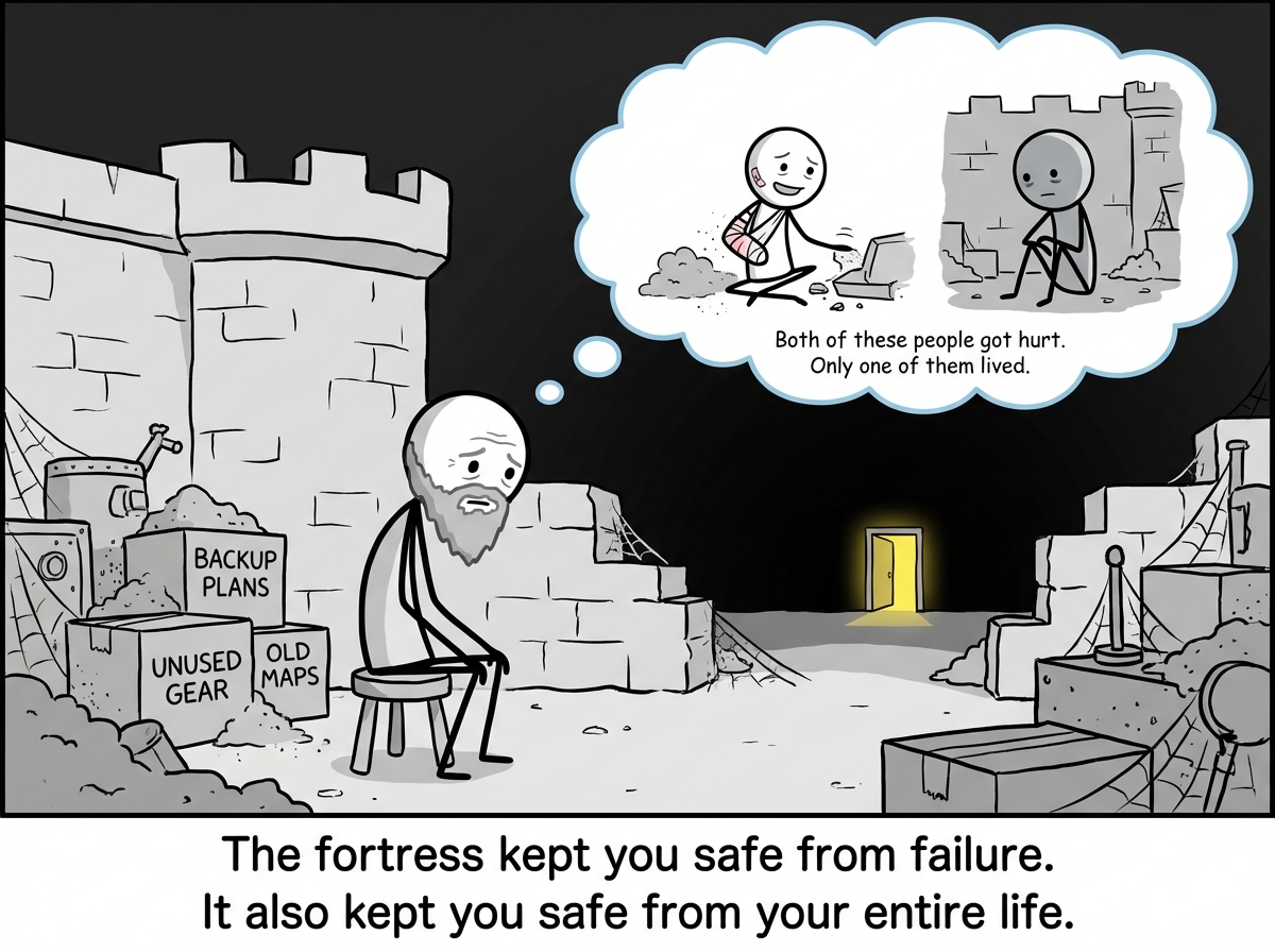 The stick figure sits alone inside the fortress, now old and gray, surrounded by dusty backup plans and unused preparation materials. The glowing door in the distance has not moved. A thought bubble shows two versions of the figure: one who tried and failed, brushing themselves off with a small smile, and one who never tried, sitting in the fortress looking hollow. Below the thought bubble, small text reads 'Both of these people got hurt. Only one of them lived.'