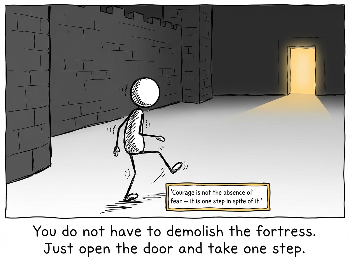 A stick figure placing one tentative foot outside the fortress, trembling but moving, with the glowing door still visible in the distance and a small sign at their feet reading 'Courage is not the absence of fear -- it is one step in spite of it.'