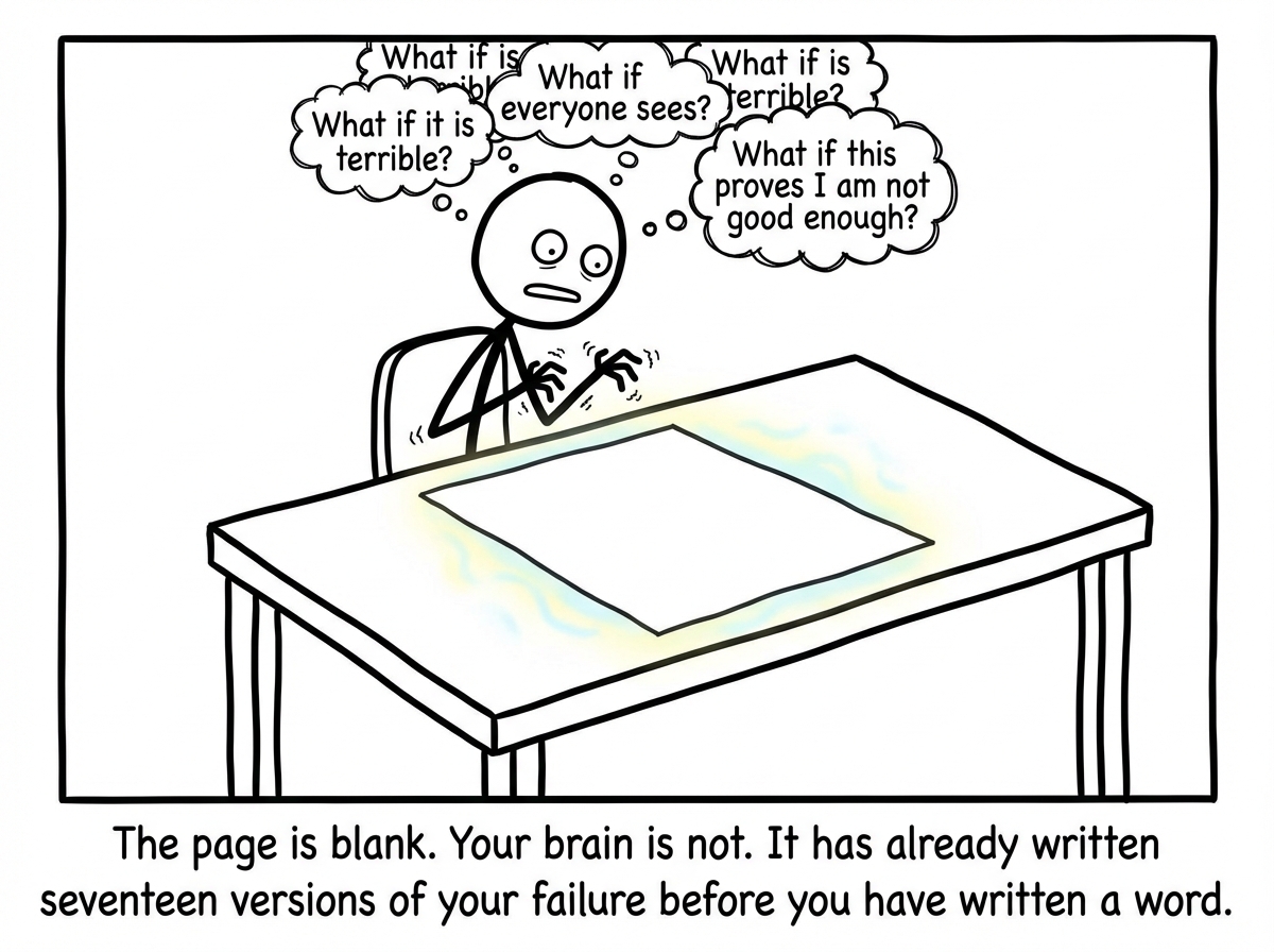 A stick figure sits at a desk staring at a perfectly blank white page. The page is enormous, taking up most of the desk, and seems to glow with an ominous light. The figure's hands hover above it, trembling. Thought bubbles crowd the air above: 'What if it is terrible?' 'What if everyone sees?' 'What if this proves I am not good enough?' The figure's expression is frozen -- not calm, but paralyzed.