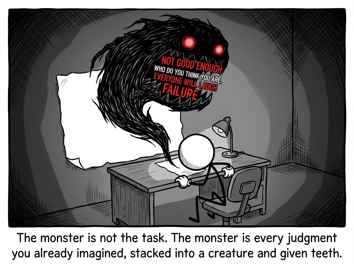The blank page has begun to morph and rise off the desk, forming into a massive shadowy creature with jagged edges, glowing red eyes, and a mouth full of sharp words like 'NOT GOOD ENOUGH,' 'WHO DO YOU THINK YOU ARE,' and 'EVERYONE WILL LAUGH.' The monster towers over the stick figure, who has pushed their chair back and is gripping the desk edge. The room has darkened around the edges.