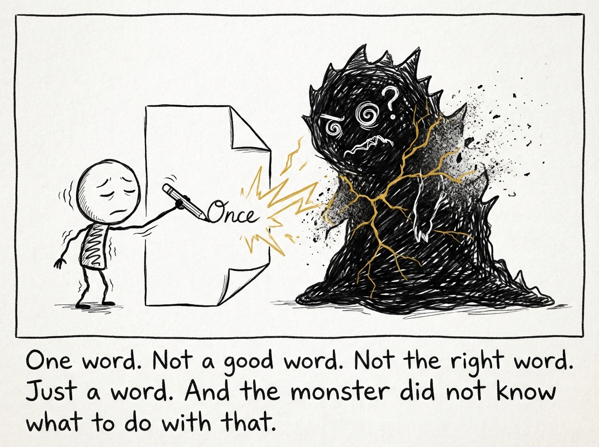 The stick figure, visibly shaking, reaches forward with a tiny pencil and writes a single, wobbly word on the corner of the page: 'Once.' The moment the pencil touches paper, cracks of golden light shoot through the monster's body. The creature's expression shifts from menacing to confused, its edges beginning to dissolve. The figure's eyes are squeezed shut -- they are not watching the monster shrink because they cannot bear to look.