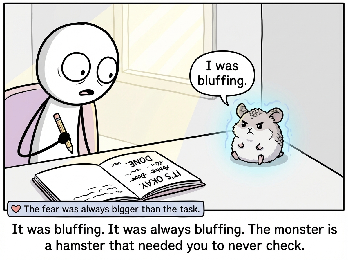 The monster has shrunk to the size of a small, fluffy hamster sitting on the corner of the desk, looking confused and slightly annoyed. The stick figure stares at it in disbelief, pencil still in hand, the page now bearing several more words. The room is bright again. The tiny hamster-monster has a speech bubble that reads 'I was bluffing.' A label at the bottom reads 'The fear was always bigger than the task.'