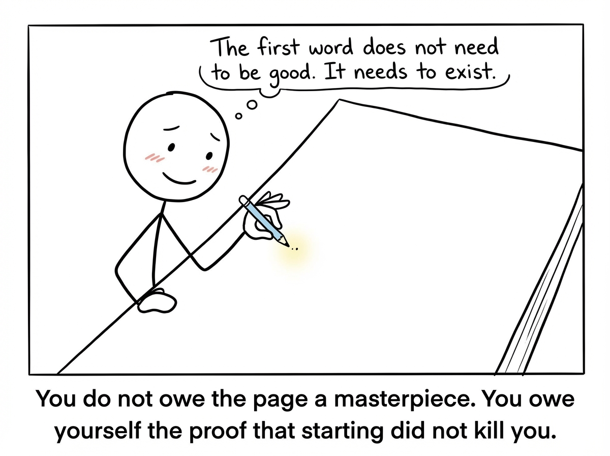 A stick figure holding the tiniest possible pencil, writing the smallest possible letter on a giant page, with a gentle expression of 'this is enough for now' and a label reading 'The first word does not need to be good. It needs to exist.'