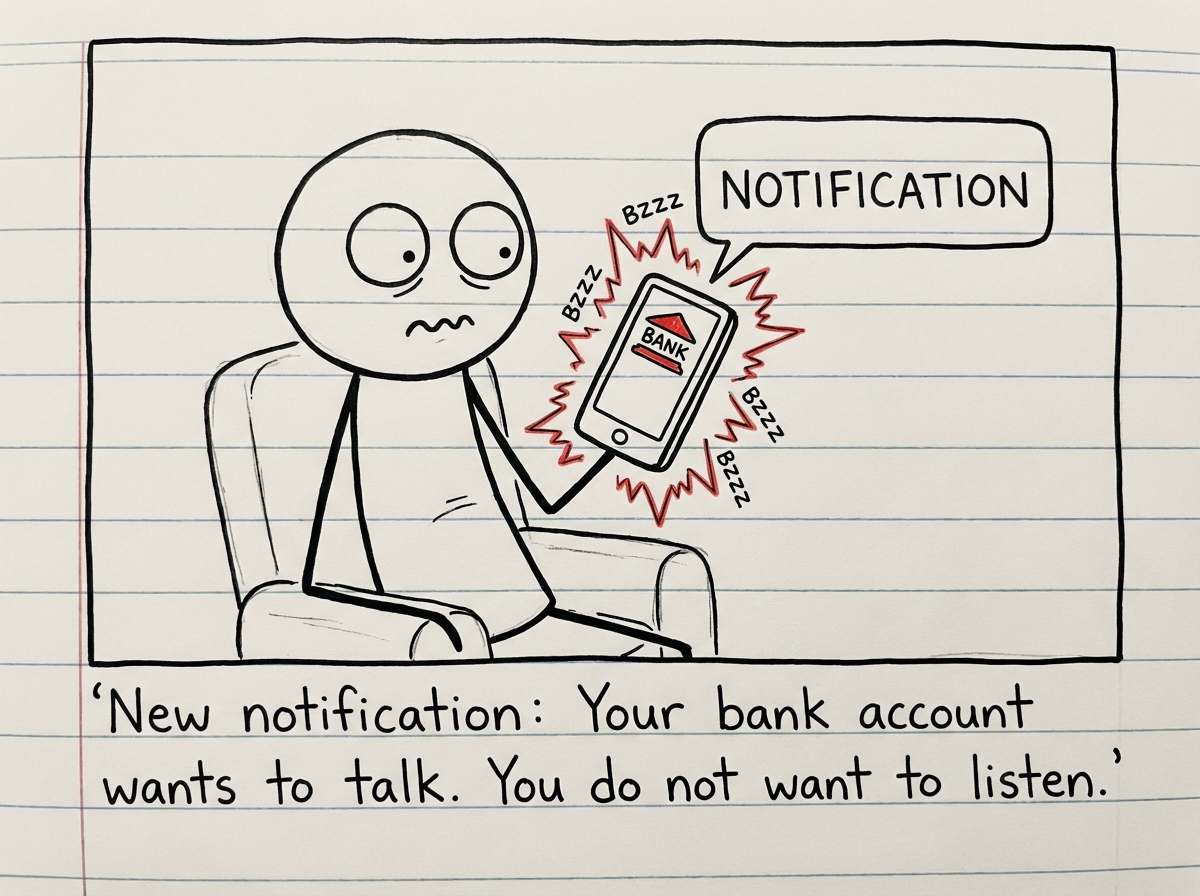 A stick figure's phone buzzing with a notification that reads 'Your bank balance is...' The figure stares at the phone with wide eyes and beads of sweat, holding it at arm's length like it might explode. A thought bubble shows a mushroom cloud rising from the phone screen.