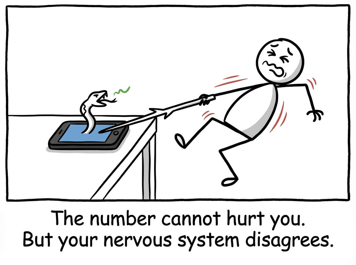The stick figure physically recoiling from the phone, leaning backward with arms up in a defensive position. The phone sits on a table glowing ominously. The figure's thought bubble shows a vague, enormous number with fangs and claws, labeled 'What I imagine it says.'