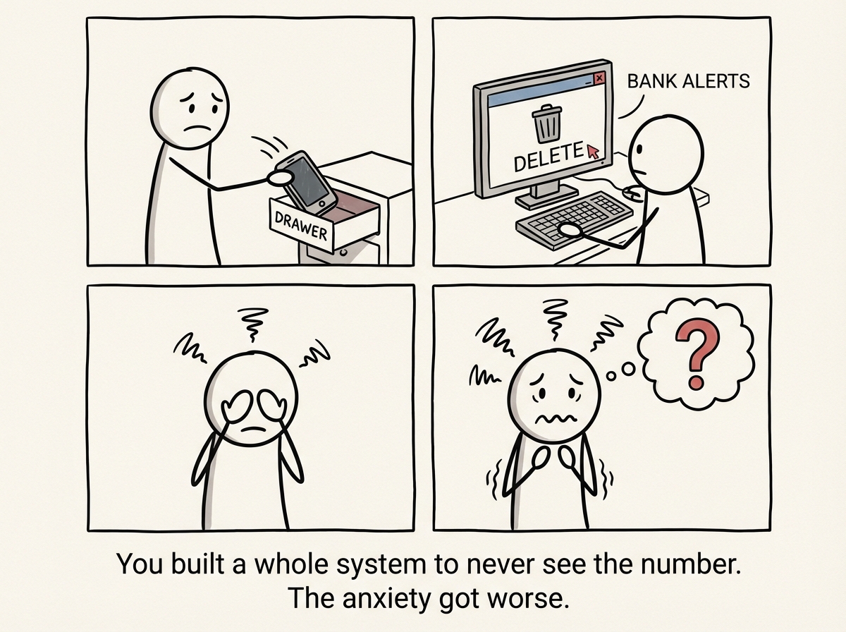 The stick figure has built an elaborate Rube Goldberg-style avoidance system: the phone is locked in a box, the box is in a drawer, the drawer has a padlock, and there's a sign that reads 'DO NOT OPEN UNTIL FEELINGS PASS.' The figure sits peacefully on a couch pretending to read a book, but sweat drops still float around their head.