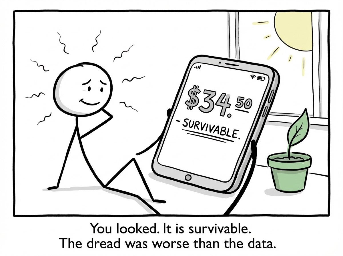 The stick figure finally looking at the phone screen with one eye squinted shut, bracing for impact. The screen shows a normal, unremarkable number. The figure's expression shifts from terror to confused relief. A thought bubble reads 'Wait... that's it?' The imagined fanged monster from panel 2 is now a tiny, deflated balloon in the corner.