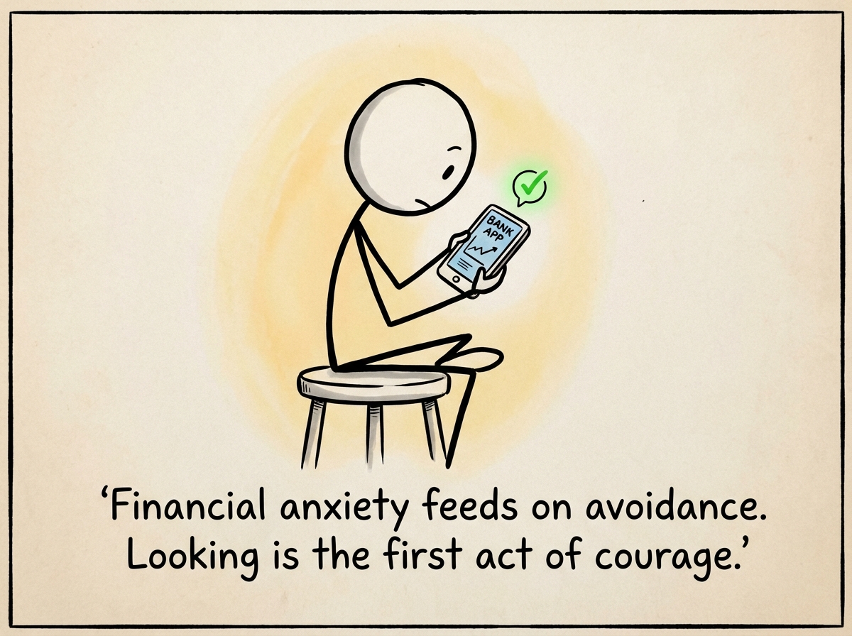 A stick figure taking a deep breath and opening their banking app, with a small caption that reads 'Courage is not the absence of dread -- it is opening the app anyway.'