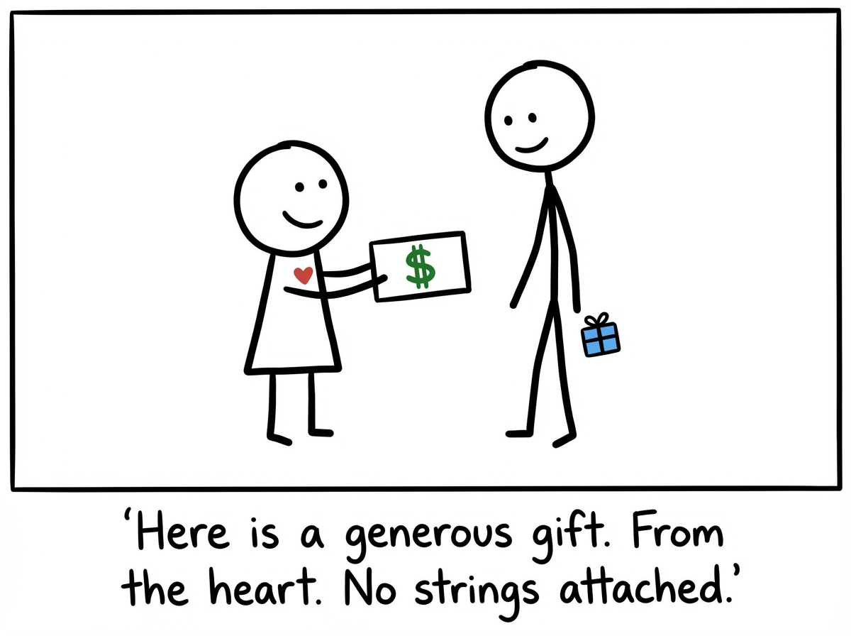 A parent stick figure smiling warmly and handing a large, glittering golden envelope labeled 'A Gift For You' to a younger adult stick figure. The younger figure looks grateful and touched. The scene looks wholesome and generous on the surface. But thin, barely visible golden strings trail from the envelope back to the parent's hand.