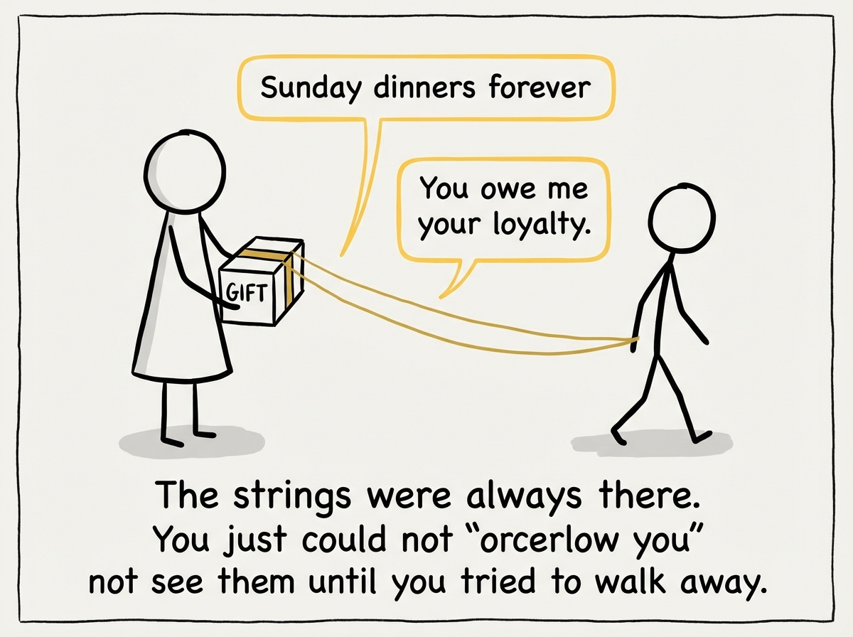 The younger stick figure trying to walk away with the gift, but the golden strings have multiplied and tightened into visible leashes. Each string has a label: 'Sunday dinners forever,' 'Answer every call,' 'Never disagree with me,' 'You owe me.' The parent figure stands in the background holding the other end of the strings with a calm, expectant expression. The younger figure looks confused and slightly trapped.