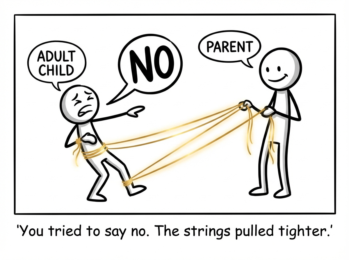 The younger stick figure trying to say 'No, thank you' to a new gift being offered, but the existing golden strings yank them backward off their feet. The parent figure looks hurt and says 'After everything I've done for you?' The younger figure is mid-stumble, caught between wanting independence and the physical pull of financial ties. Guilt radiates from them in wavy lines.