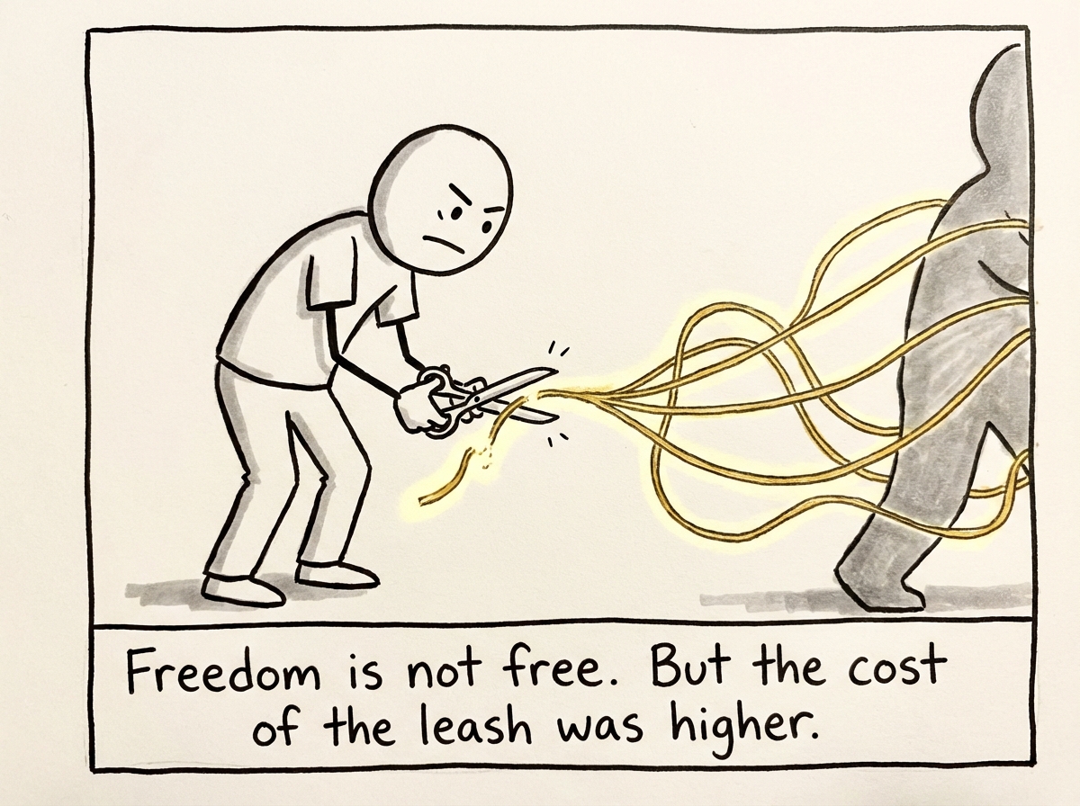 The younger stick figure sitting on the ground, carefully and gently untying one golden string at a time. Some strings are already loose and coiled on the ground. The parent figure watches from a distance, visibly upset but not being engaged. The younger figure's expression is sad but resolute. One hand works on the knots while the other holds their own small wallet -- modest but entirely theirs.