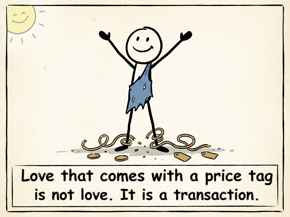 A stick figure standing freely with no strings attached, holding a small amount of their own money. Behind them, the golden strings lie in a neat pile on the ground -- not destroyed, but no longer connected. The figure looks lighter, standing taller, with a quiet sense of independence.