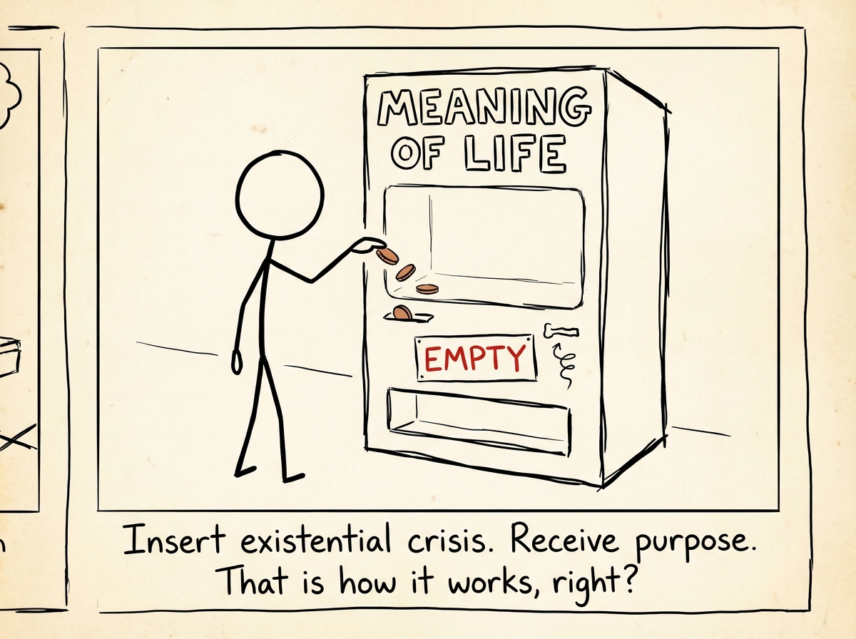 A stick figure standing in front of a large vending machine labeled 'MEANING OF LIFE' in bright letters, eagerly feeding coins into the slot -- the machine displays options like 'Purpose,' 'Fulfillment,' and 'Reason to Exist' behind the glass, and the figure looks hopeful