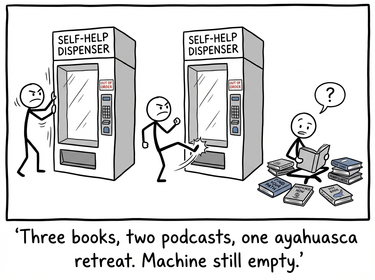 The stick figure shaking the vending machine violently, kicking it, reading a stack of self-help books at it, and typing 'how to find meaning' into a phone -- coins are scattered on the ground, the machine's display reads 'INSERT MORE,' and the figure looks increasingly desperate