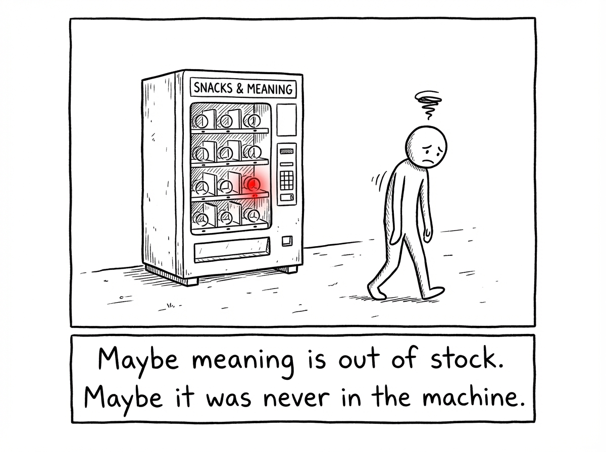 The stick figure walking away from the vending machine with slumped shoulders and empty pockets, passing through a grey, featureless landscape -- the machine stands alone behind them still flashing 'OUT OF ORDER' and the figure looks defeated and hollow