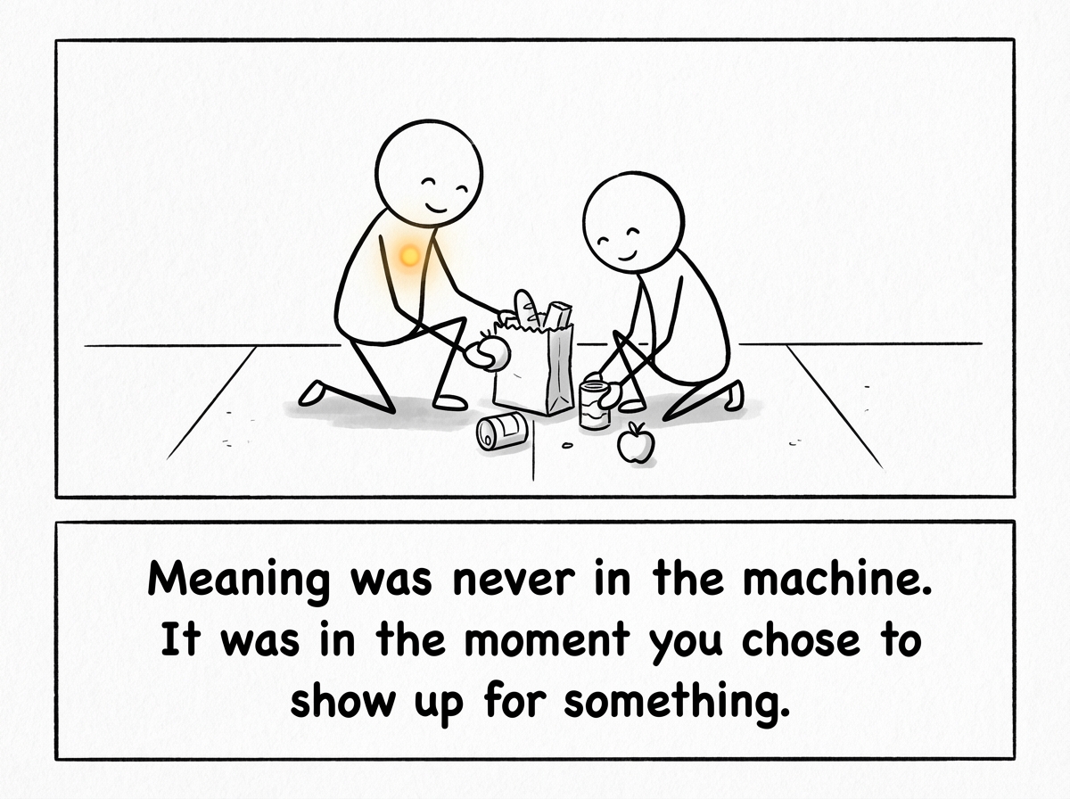 The stick figure kneeling to help a smaller stick figure who has dropped their groceries on the sidewalk -- both are smiling, a warm glow surrounds the moment, and the vending machine is tiny and forgotten in the far background