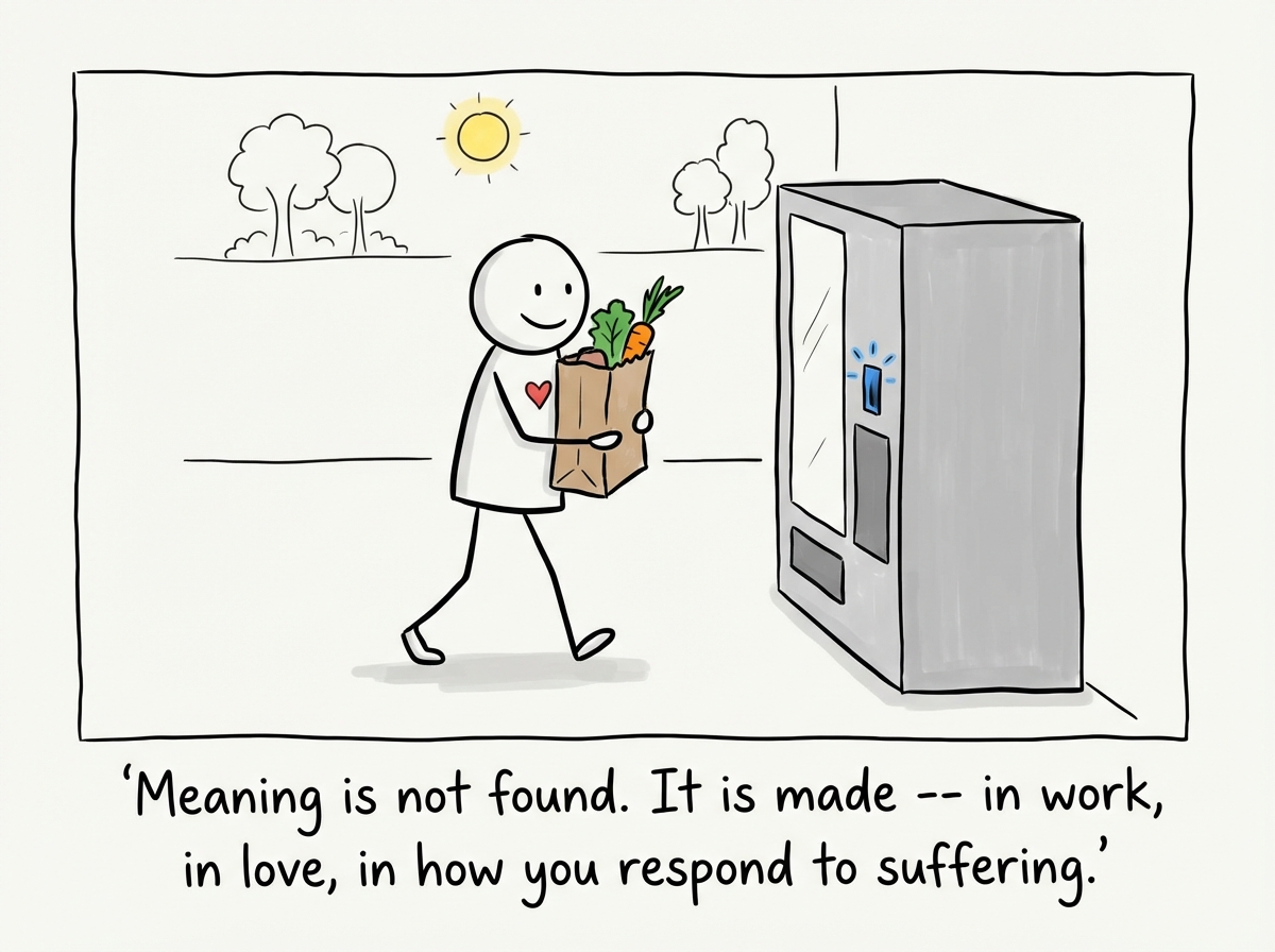 A stick figure walking past the vending machine without stopping, heading toward a group of people working on something together -- a faint glow follows the figure, and the machine's lights are off