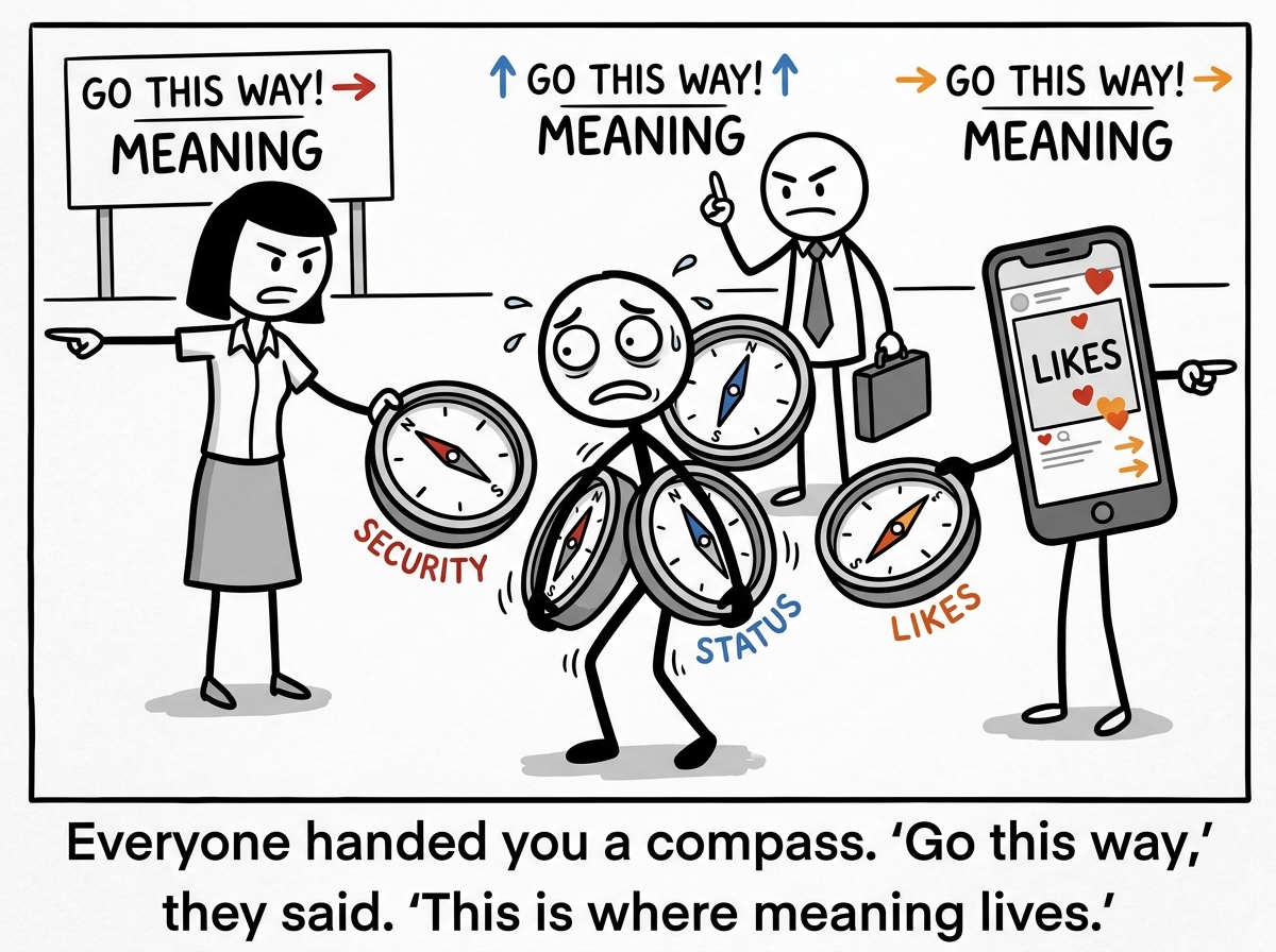 A stick figure holding three large compasses handed to them by different figures -- a parent pointing toward 'Security,' a boss pointing toward 'Status,' and a phone screen pointing toward 'Likes' -- looking overwhelmed but obedient