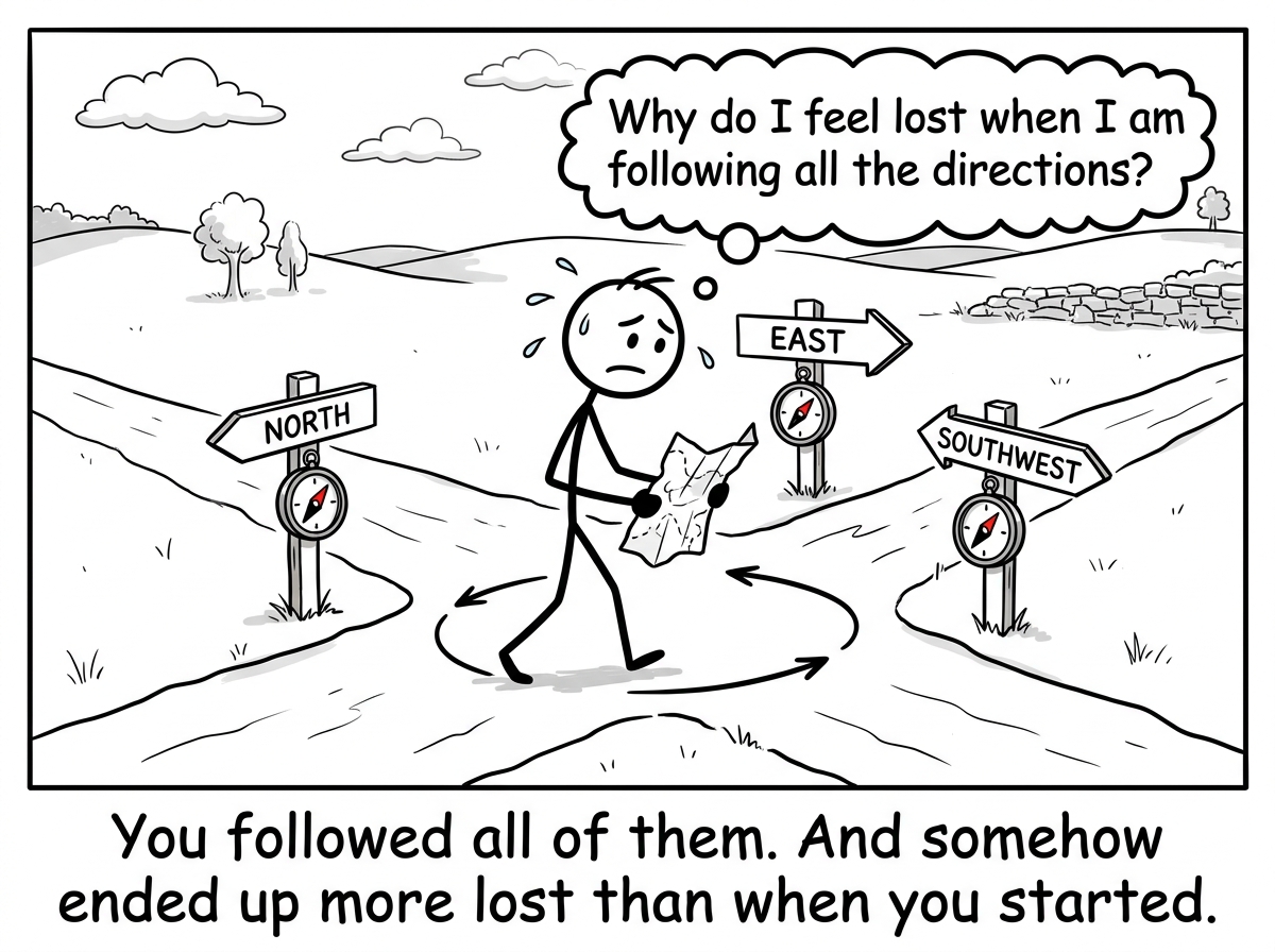 The stick figure walking in circles at a crossroads, all three compasses pointing in different directions, looking exhausted and confused, with a thought bubble reading 'Why do I feel lost when I am following all the directions?'