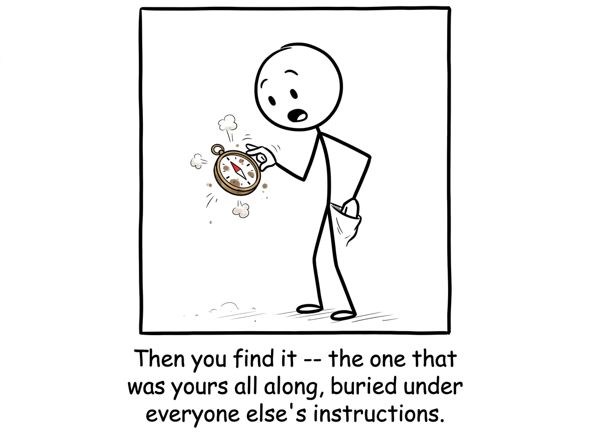 The stick figure pausing and reaching into their own pocket, pulling out a small dusty compass they forgot they had, brushing it off with surprise