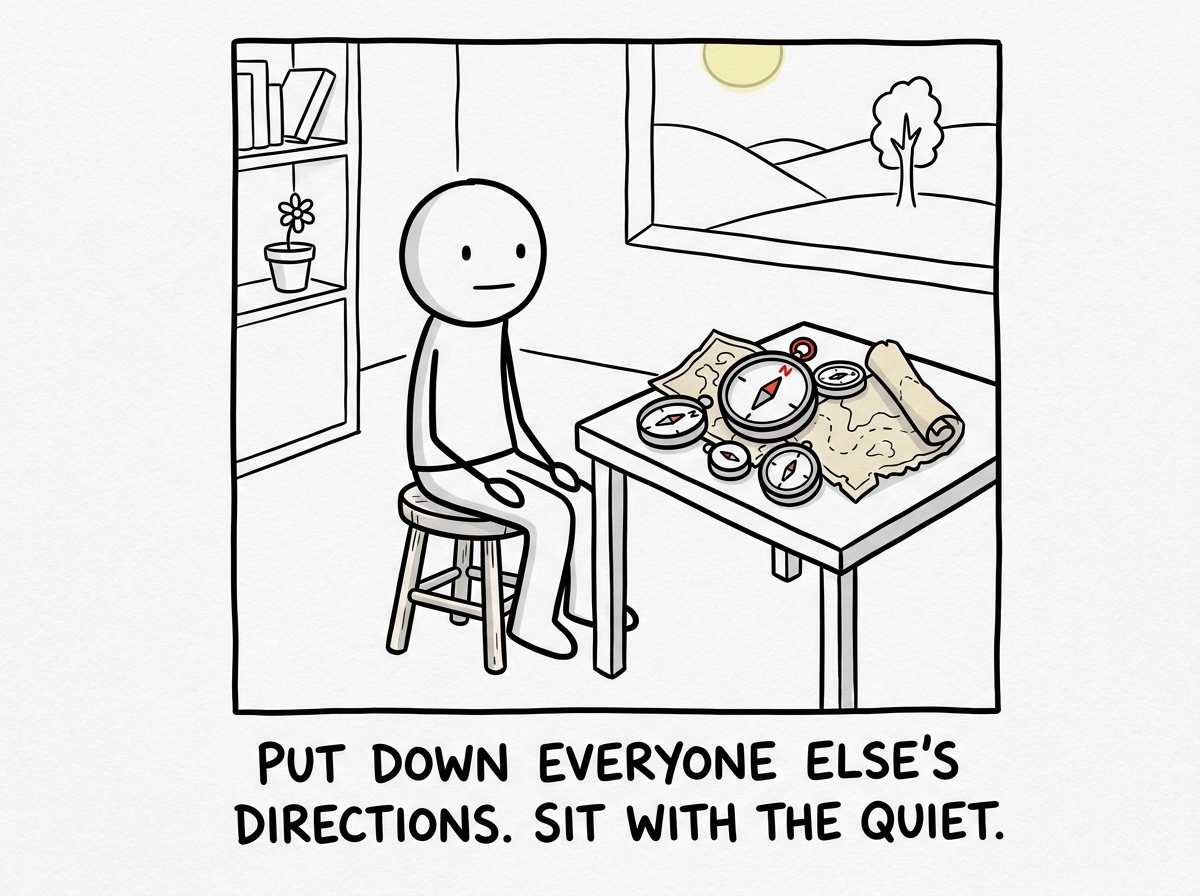 A stick figure setting down all the borrowed compasses on a table and sitting with empty hands, tolerating the silence