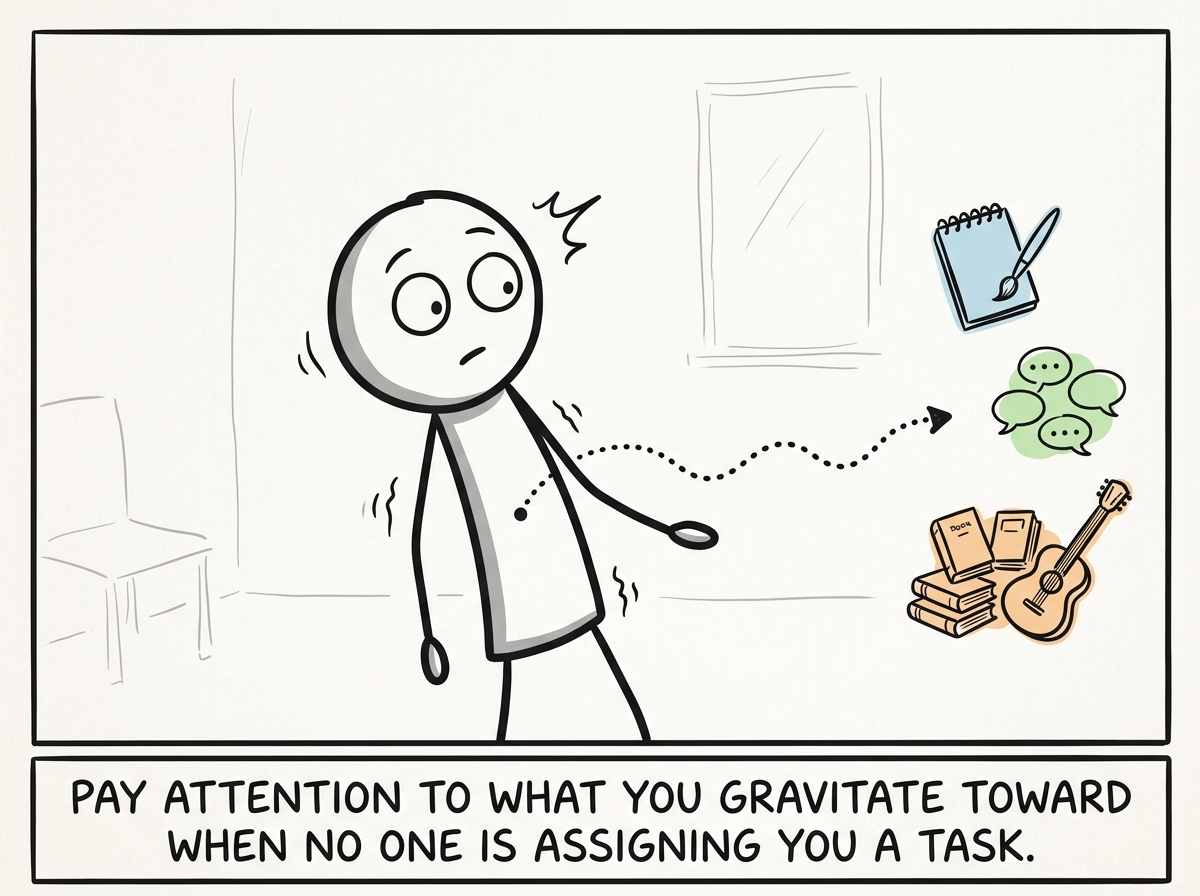 The stick figure noticing a small pull toward something -- a creative project, a conversation topic, a half-forgotten interest