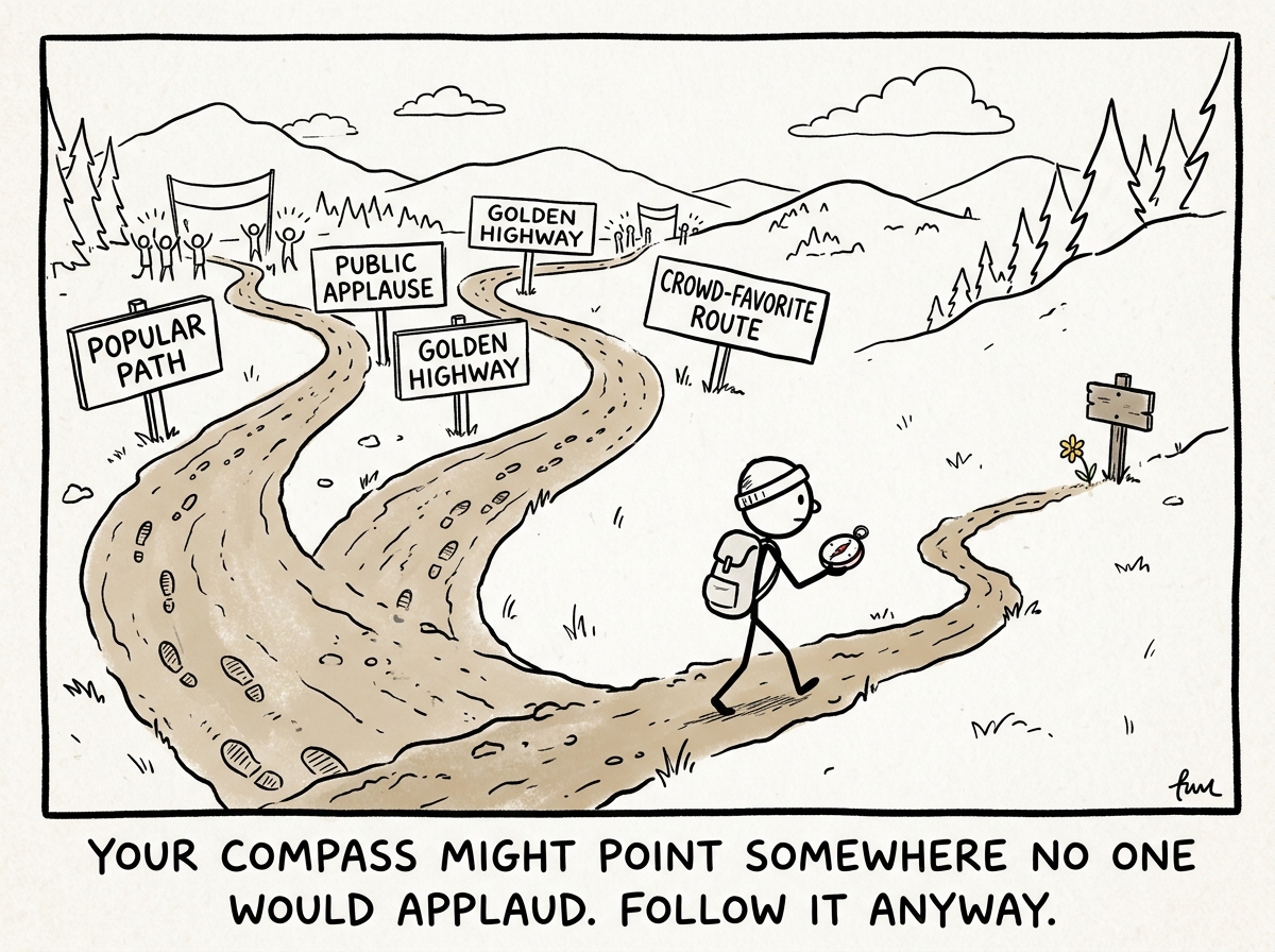 The stick figure following their own compass toward something small and unmarked, leaving the impressive paths behind