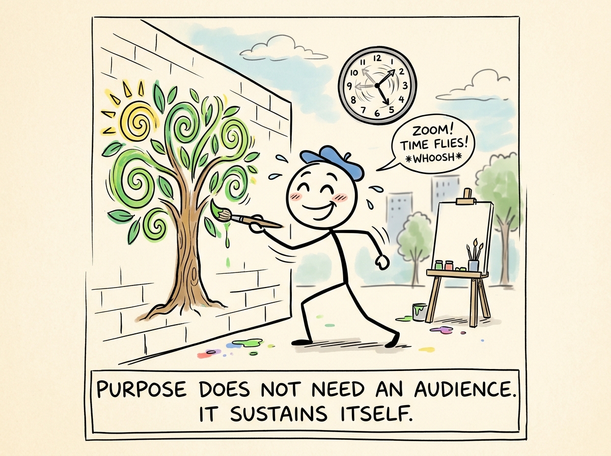 The stick figure engaged in the activity, losing track of time, with a genuine expression of being alive