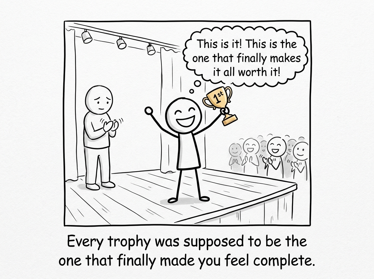 A stick figure receiving a trophy on a stage, holding it up triumphantly with a big smile, a thought bubble reading 'This is it! This is the one that makes it all worth it!'