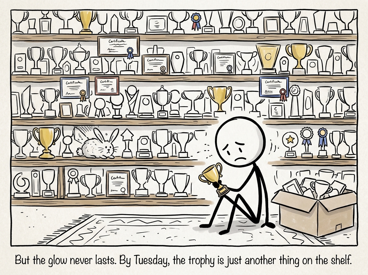 The stick figure in their home surrounded by a shelf full of trophies, awards, and framed certificates, sitting on the floor looking deflated, the latest trophy already feeling meaningless