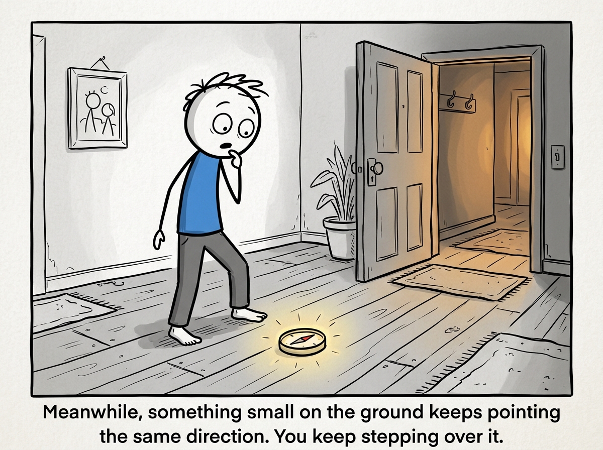 A small compass lying on the floor near the stick figure's feet, glowing faintly and pointing toward an open door leading somewhere unimpressive but warm, while the figure looks at it with surprise