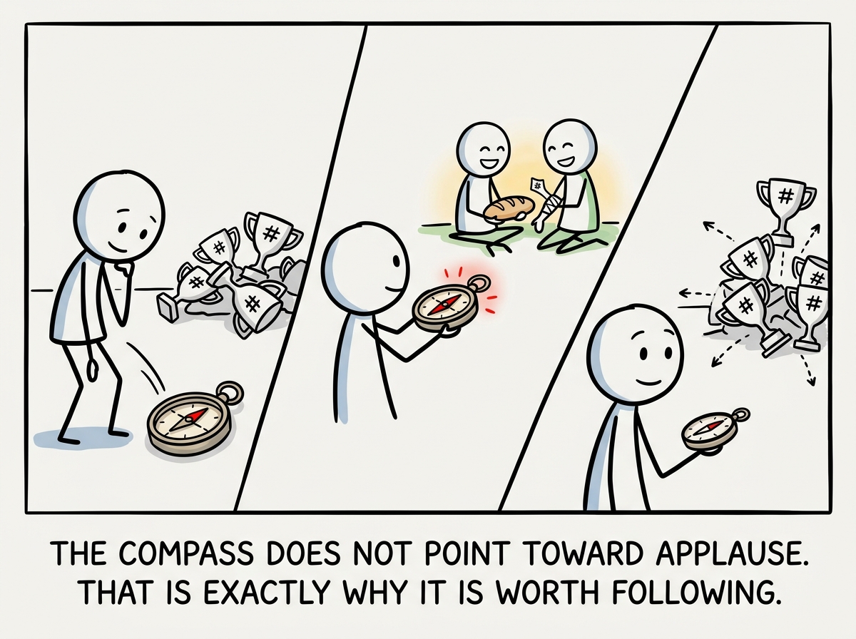 The stick figure picking up the compass, looking at where it points -- toward a simple scene of connection, creation, or helping -- and realizing the trophies never pointed anywhere at all