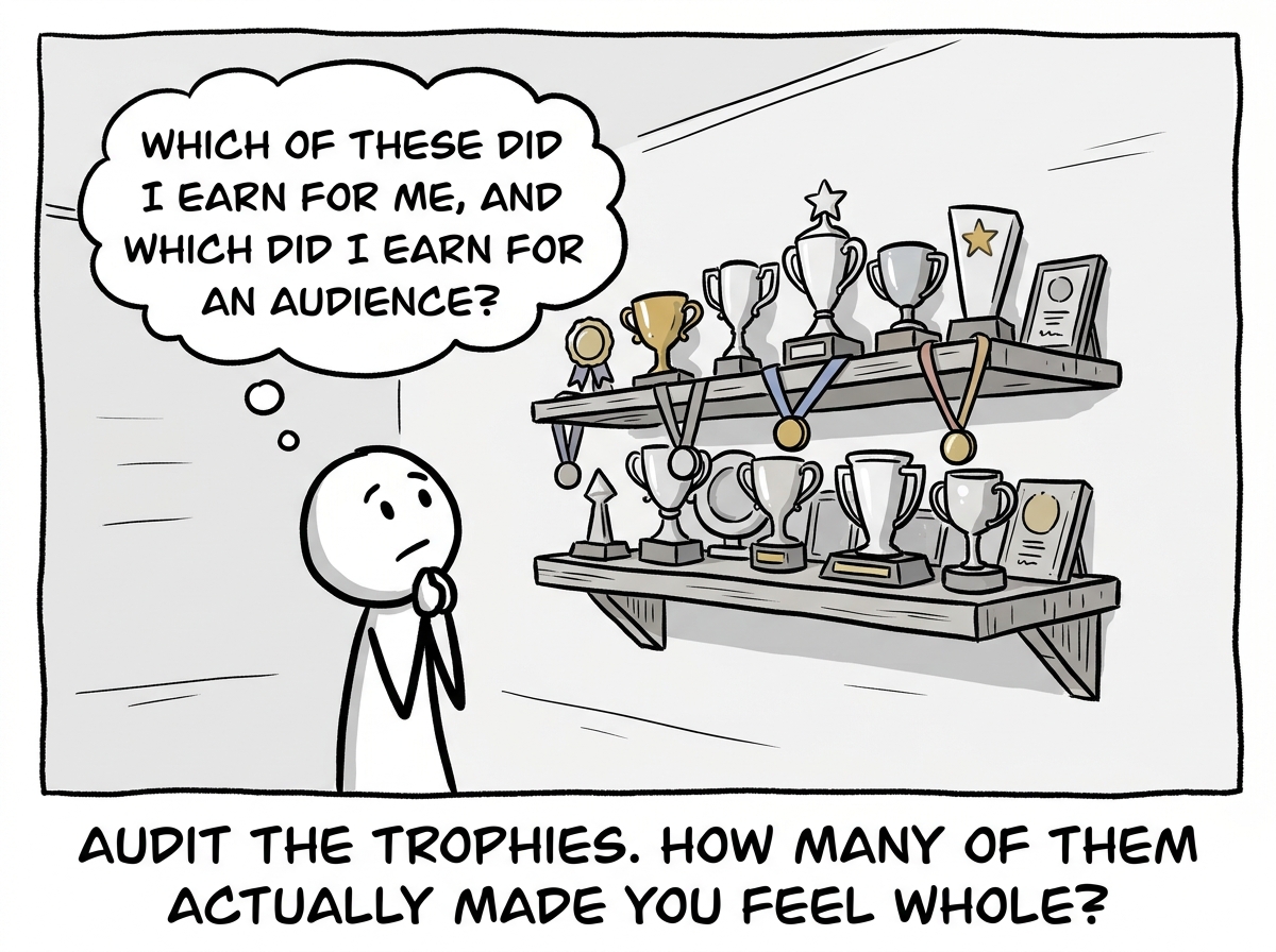A stick figure looking at their trophy shelf and honestly asking 'Which of these did I earn for me, and which did I earn for an audience?'