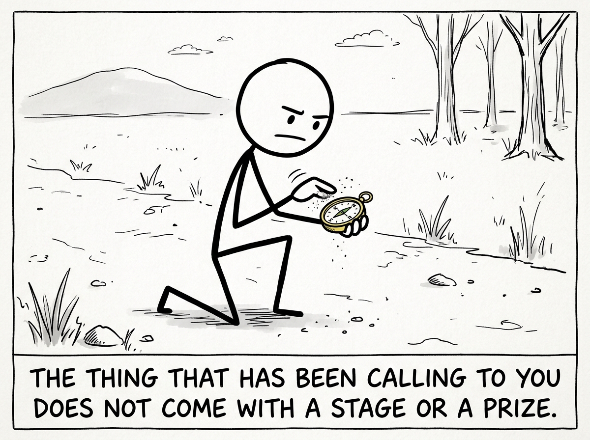 The stick figure picking up the small compass from the ground and dusting it off, looking at it seriously for the first time