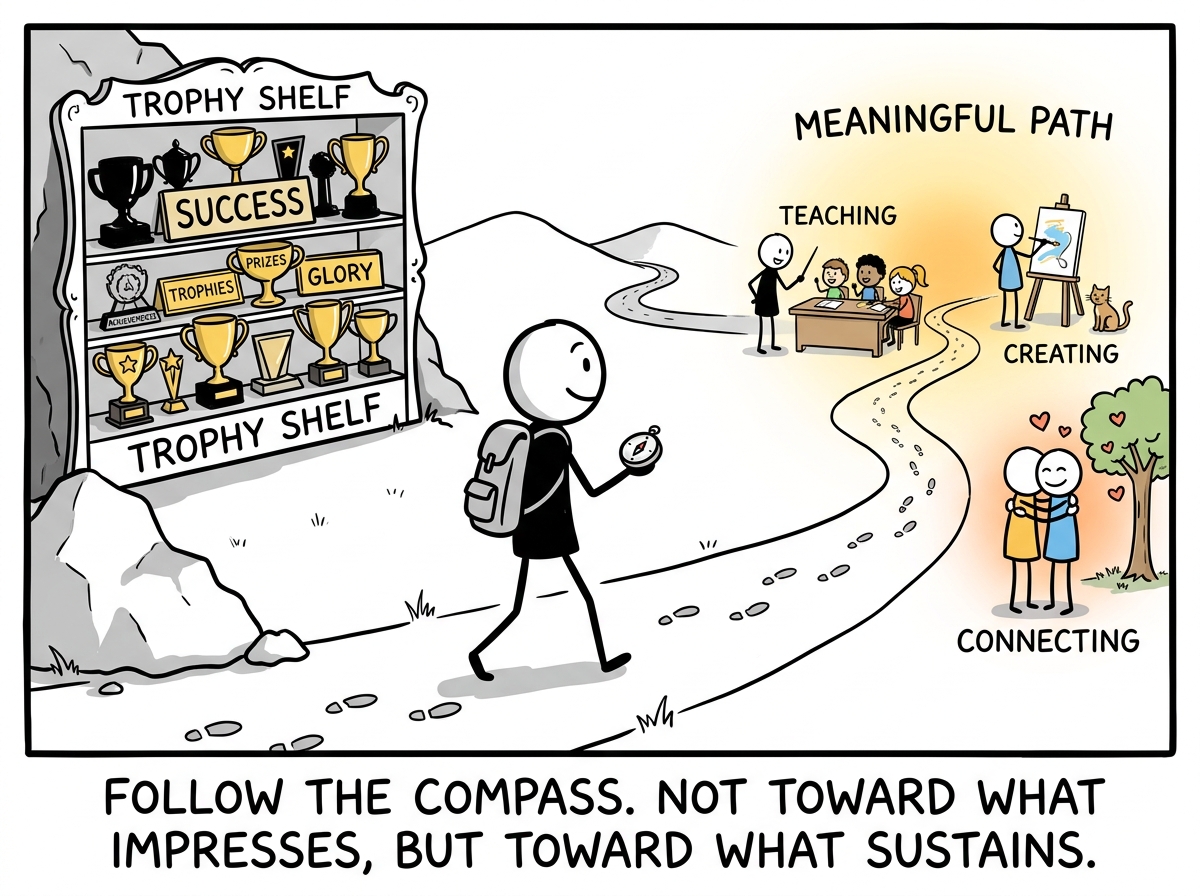 The stick figure walking toward something small and meaningful -- teaching, creating, connecting -- without looking back at the trophy shelf
