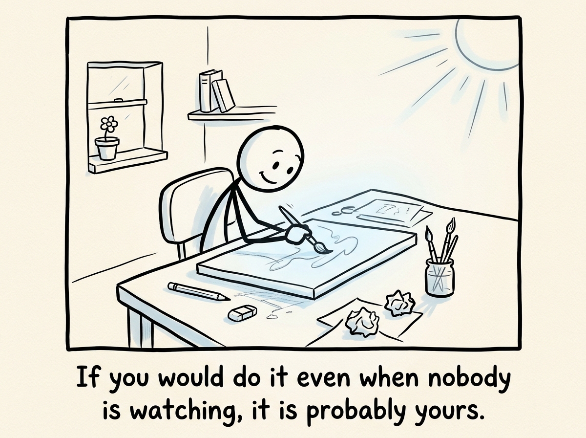The stick figure immersed in purposeful work, no audience present, looking more fulfilled than any trophy ever made them