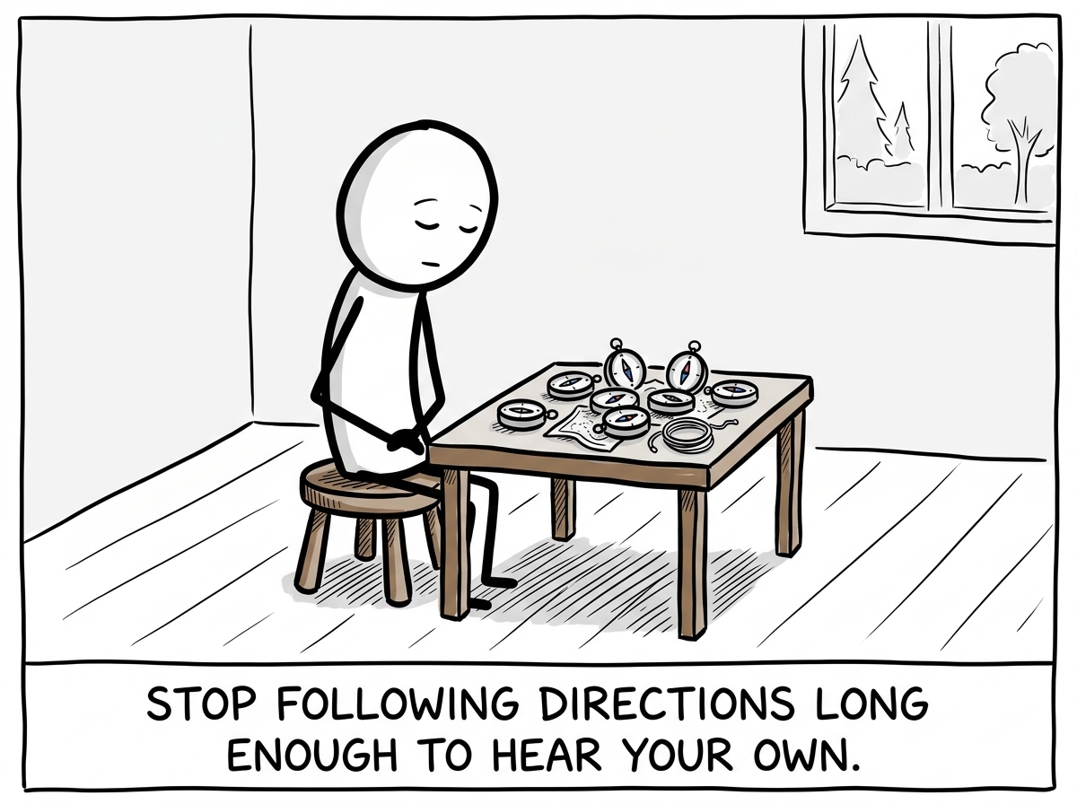 A stick figure putting down all the borrowed compasses on a table and sitting quietly with empty hands