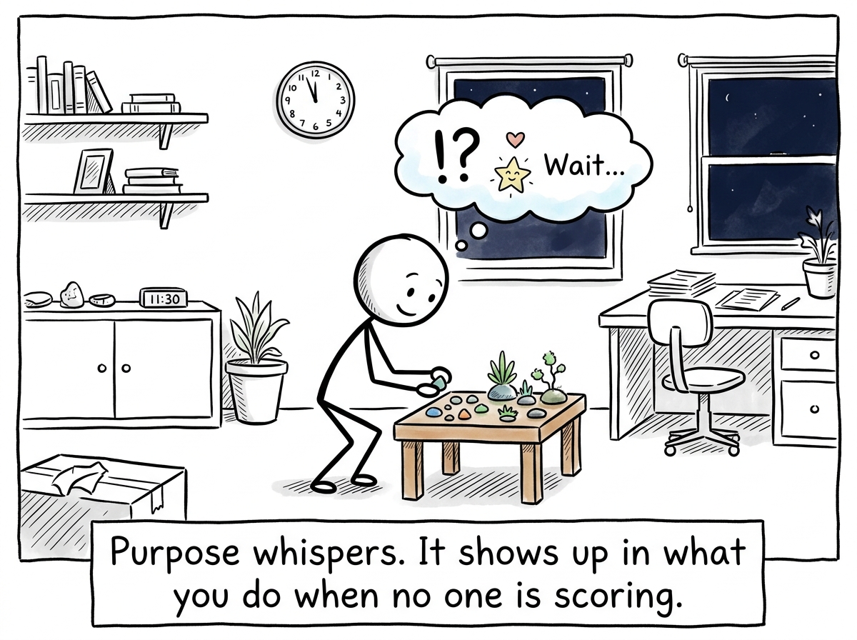 The stick figure noticing what they naturally gravitate toward when no one is assigning a task -- a small, quiet interest