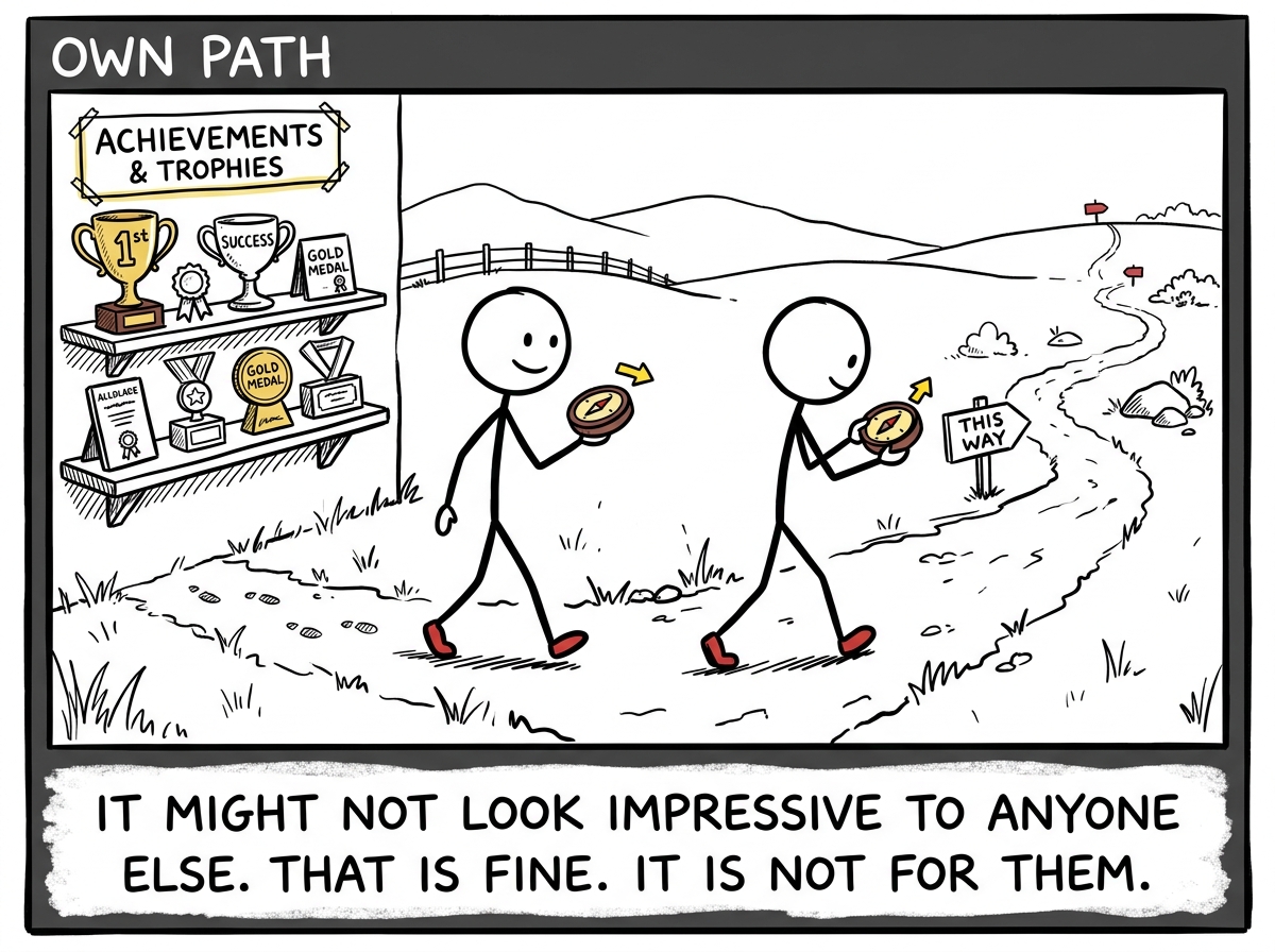 The stick figure following their own small compass toward something unimpressive but meaningful, ignoring the trophy shelf