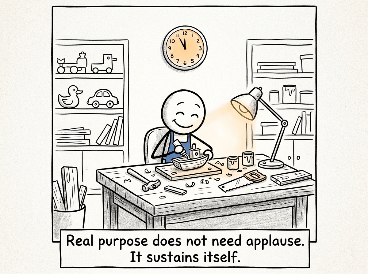 The stick figure engaged in the purposeful activity, losing track of time, with a genuine expression of fulfillment