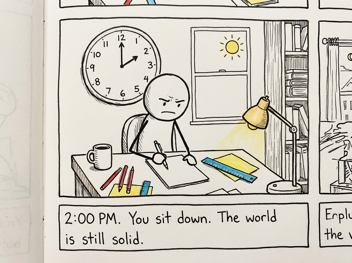 A stick figure sits at a desk with art supplies, just beginning to work. A large wall clock behind them reads 2:00 PM. The room is fully detailed -- bookshelves, a window with sunlight, a coffee mug. The figure has a slightly furrowed brow, concentrating as their hand touches pen to paper.