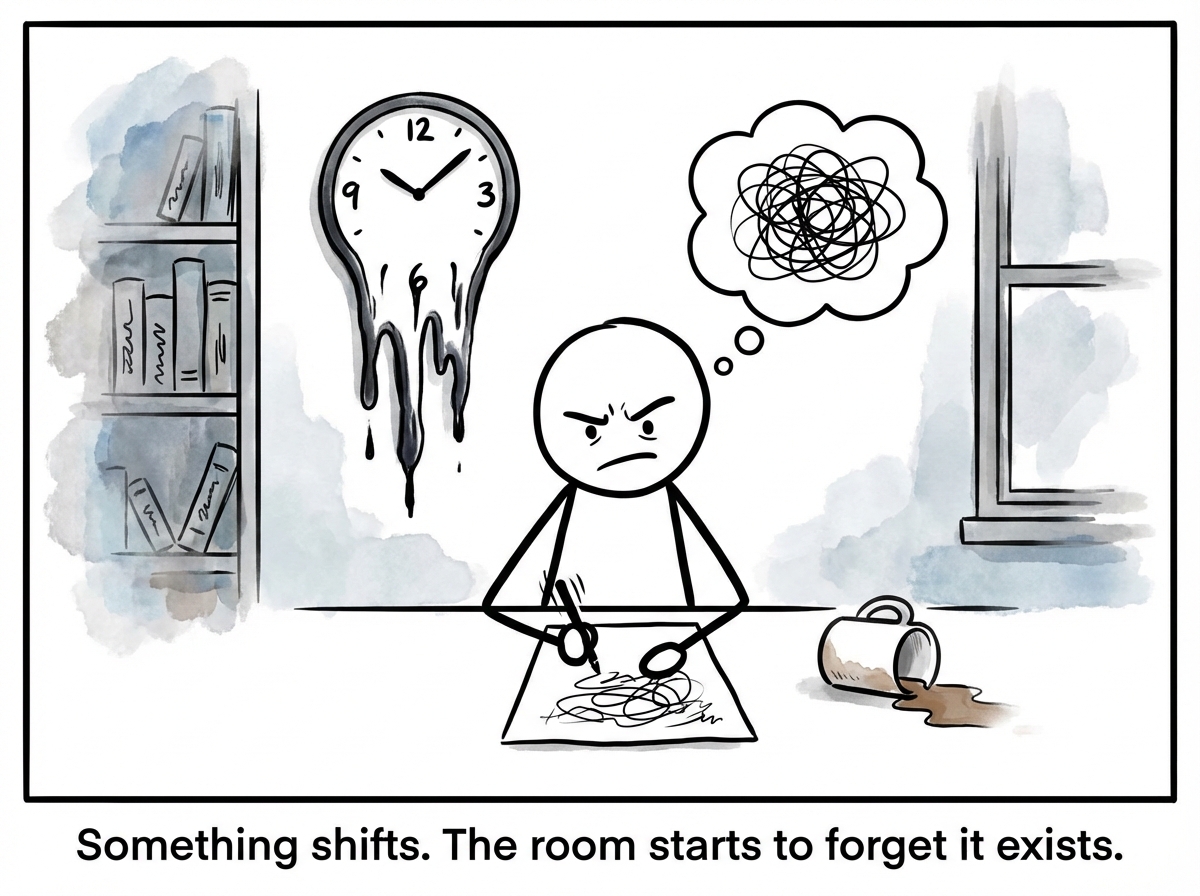 The stick figure is now deeply focused, leaning into their work with intense concentration. The clock on the wall has started to melt like a Dali painting, its numbers dripping downward. The edges of the room -- the bookshelves, the window -- are becoming blurry and transparent, fading like watercolors in rain. The coffee mug is half-dissolved.