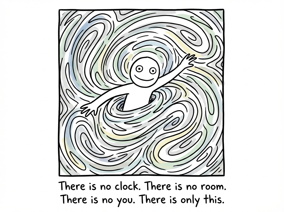 The stick figure is completely surrounded by their creation, which has expanded to fill the entire frame. The room is gone. The clock is gone. There is no desk, no walls, no coffee mug -- just the figure and the work, merged together in a swirl of color and line. The figure's expression is serene, mouth slightly open, eyes locked on the work with complete peace.
